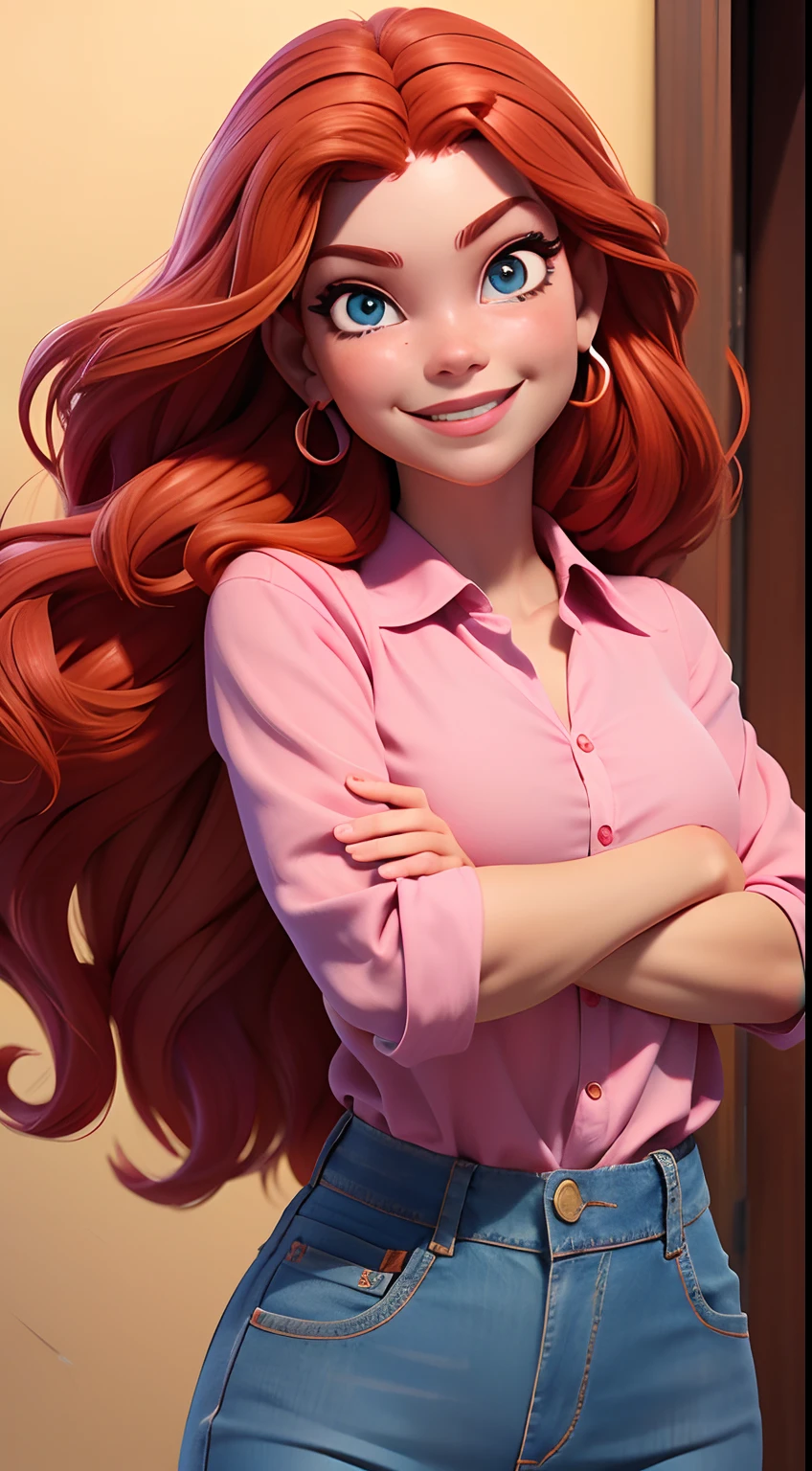 Ana is a girl with bright red hair, sempre com um sorriso contagiante no rosto. His eyes are green, cheios de alegria e vivacidade. She is always dressed in jeans and a pink blouse, ((corpo inteiro)), ((Pose de paz e amor))