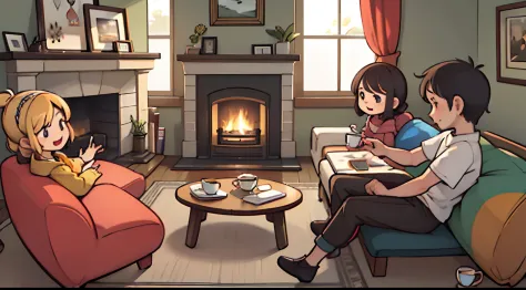 a group of cheerful friends in a cozy english living room with a fireplace, tea party