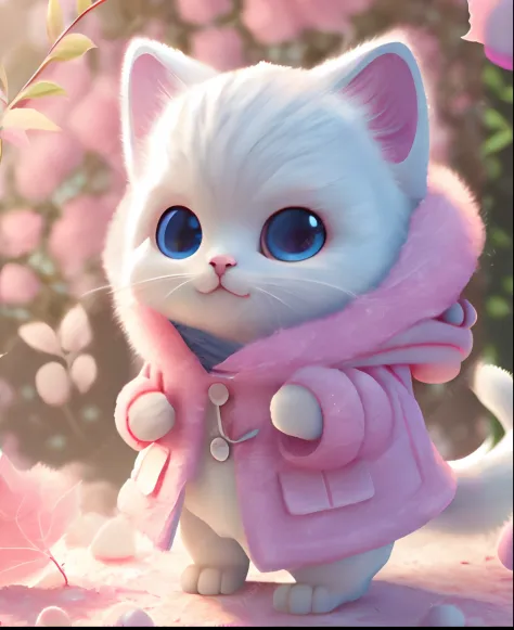 there is a white cat wearing a pink coat and a pink scarf, adorable digital painting, cute digital art, cute detailed digital art, white cat in a pink dress, very beautiful cute catgirl, anime visual of a cute cat, anime cat, realistic anime cat, kawaii ca...