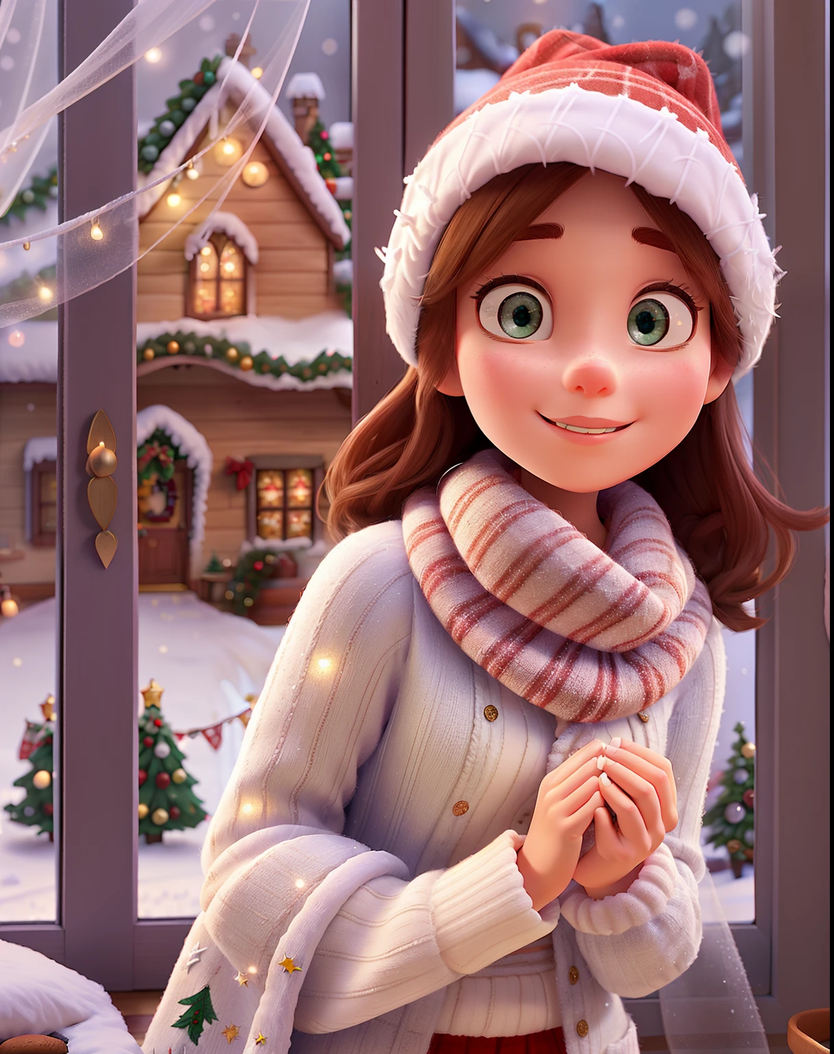 In a picturesque Disney Pixar Christmas illustration, 1young woman, a charming indoor house is adorned with sparkling "christmas" decorations. Outside, delicate "snow" blankets the scenery, while a "cute young woman" in snug "woolen" underwear gazes through the frosted "window," capturing the enchanting holiday spirit.