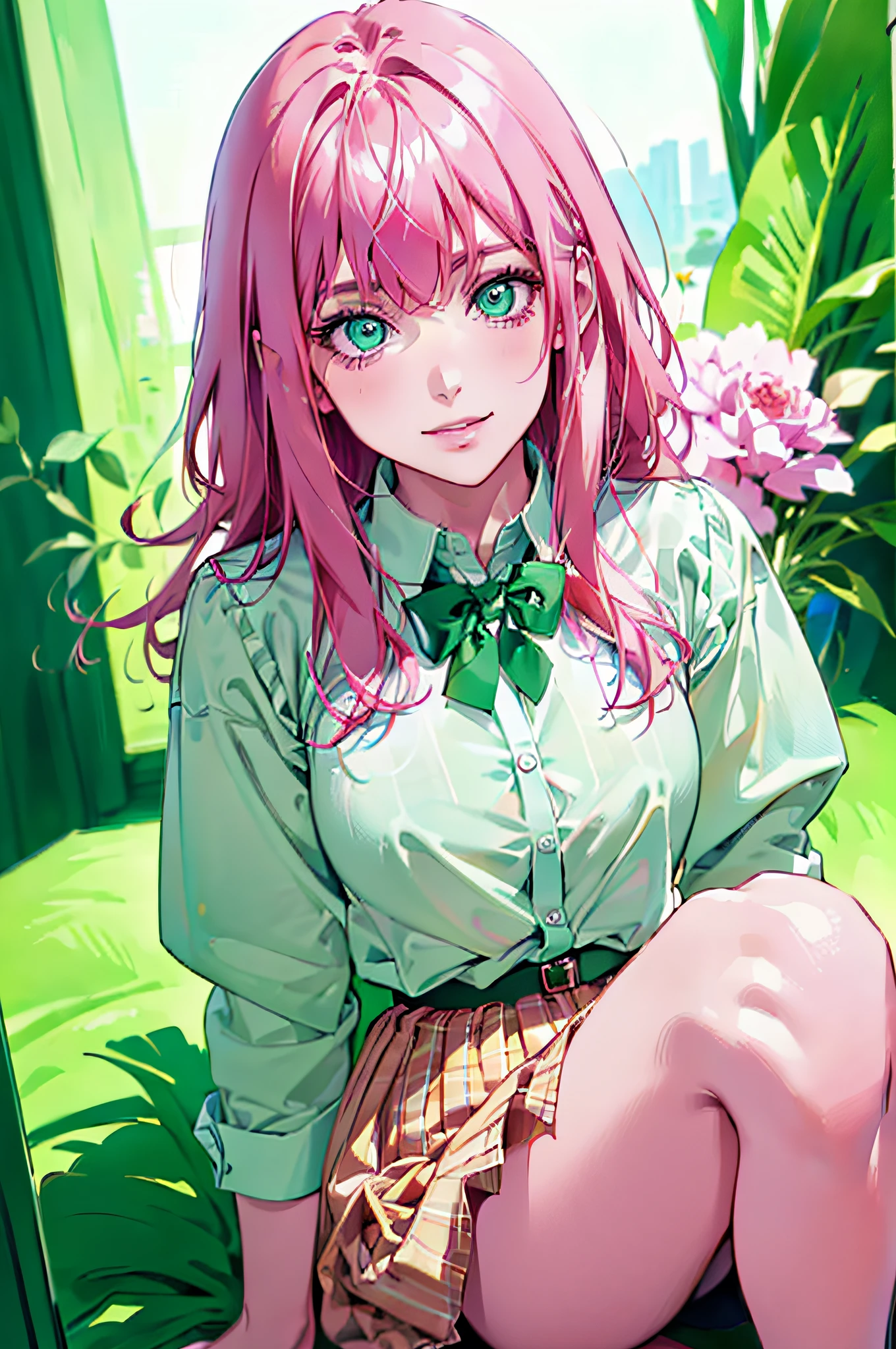 (masterpiece, 1:2 best quality, digital art, digital illustration) (4K, 8K, high resolution, sharp image, perfect lines, soft lighting, morning) (1:1, photorealistic) (vivid colors HDR 1.4) Manhwa style, 1 teenage girl, pink hair, green eyes, soft expression, soft smile, student, white skin, (looking at camera, 1.2 camera in bottom-up position)