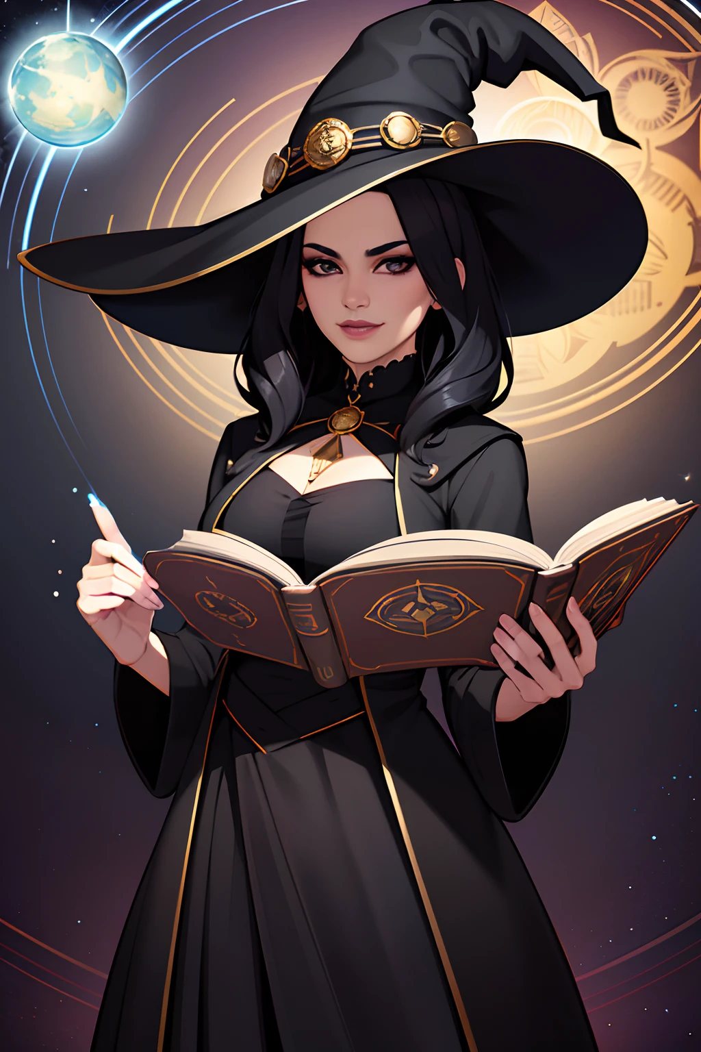 Beautiful Witch, Black dress and hat , jovem, Beautiful, black hair, medium shot, Olhando para o Viewer, sorrir, olhos verdes. Ao seu lado, Various books, Magic Potions and Tarot Cards