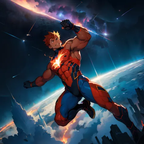 (anime style)  meteor, bokeh ,an extremely muscular masculine superhero in a meteor shower, falling from sky like a burning come...