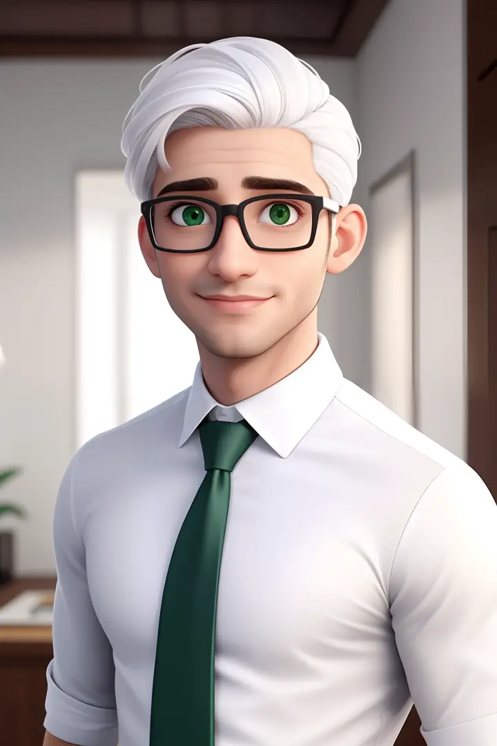 Um homem de 30 anos, com cabelos pretos curtos,face de diamante, olhar rigoroso, e olhos verdes, Wearing white white shirt with tie and glasses.