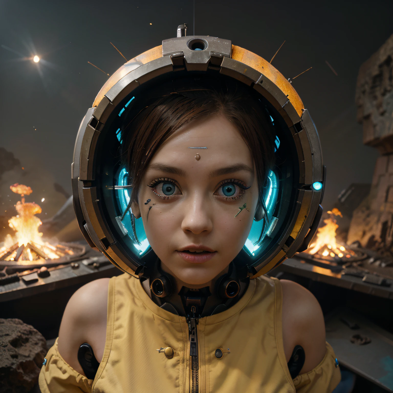 A toon Girl Crazy Only Eye Robot, tongs in hands, Tv head, pinhead, Yellow Pink Cyan Rusty, Ambient in a meteorite crater super detailed, center, beautiful, soft lighting, focused on the character, 4K resolution, photorealistic rendering,