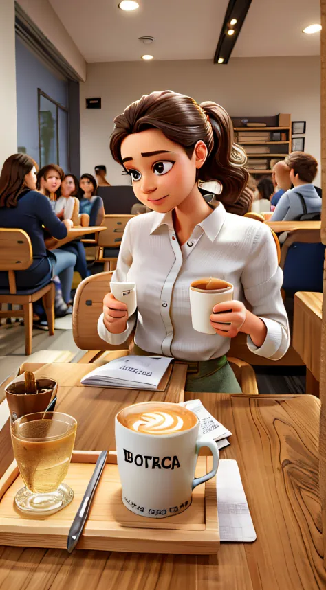 there is a woman sitting at a table with a cup of coffee, Poarch bonito, in a coffee shop, sitting at a café, enjoying coffee at a coffee shop, drinking a coffee, drinking coffee, dilraba dilmurat, Anna Nikonova aka Newmilky, Alina Ivanchenko, giving a thu...