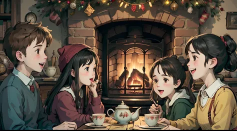 A group of cheerful friends(6-8 teenagers of different genders) in a cosy living room with a fireplace, 
Hogwarts, Festive Tea P...