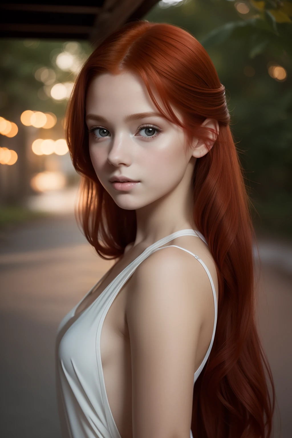 young girl,  redhead,  cinematic, The portrait showcases a young (redhead girl:1.6) with a shy and innocent demeanor,  blueish eyes,  sensual slim face,    big lips,  naked,  BIG  and shorts,  Her hair is styled sleek and straight,  elegantly framing her face with  adorable long hairl .Her face is illuminated by gentle lighting,  highlighting her delicate features. The girl's eyes sparkle with a hint of curiosity and her lips form a subtle,  shy smile. The background consists of a ourtoor nature autum scenery muted and warm-toned setting,  providing a calm and serene atmosphere. The composition focuses on the girl's face,  capturing the intricate details of her flawless skin,  The overall image exudes a sense of tranquility and captures the innocence and gentleness of youth, redhair, redhead,