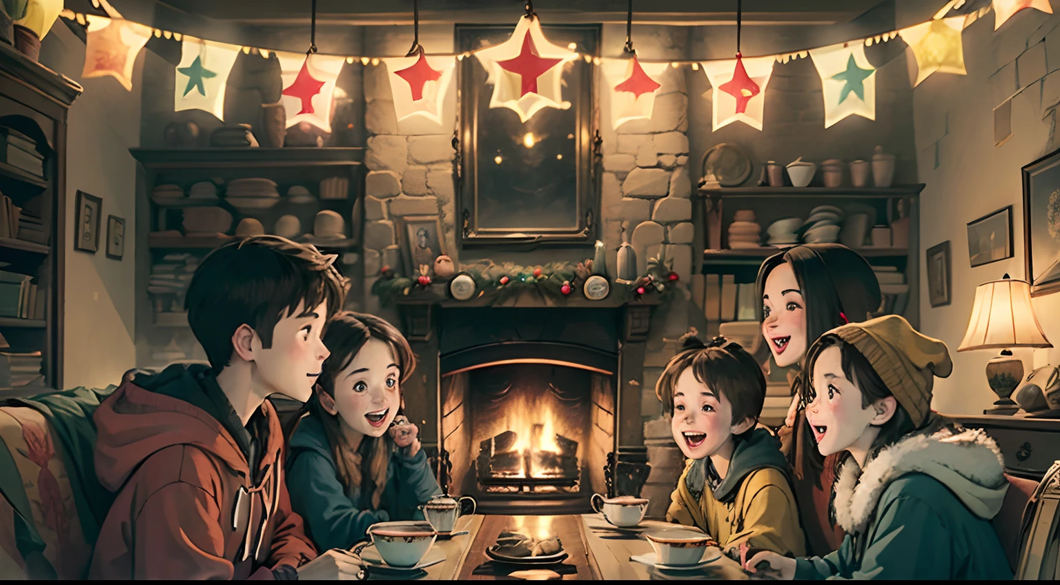 A group of cheerful friends(6-8 teenagers of different genders) in a cosy living room with a fireplace, 
Hogwarts, Festive Tea Party, A lot of small details of the environment, higly detailed,