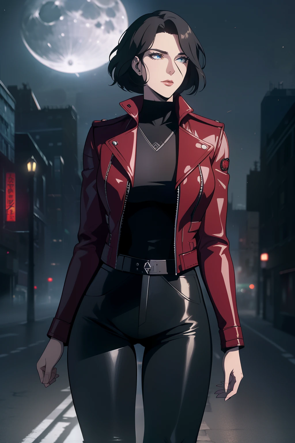 (Masterpiece, Best Quality), (A Gorgeous 25 Years Old British Female Vampire Mercenary), (Wavy Bobcut Black Hair:1.4), (Pale Skin:1.2), (Blue Eyes), (Serious Looking), (Wearing Red Leather Jacket, Black V-Neck Inner Shirt, and Black Tight Pants:1.6), (Busty Chest Size:1.4), (Dynamic Pose:1.4), (City Road at Night with Moonlight:1.6), Centered, (Waist-up Shot:1.4), From Front Shot, Insane Details, Intricate Face Detail, Intricate Hand Details, Cinematic Shot and Lighting, Realistic and Vibrant Colors, Masterpiece, Sharp Focus, Ultra Detailed, Taken with DSLR camera, Depth of Field, Incredibly Realistic Environment and Scene, Master Composition and Cinematography, castlevania style