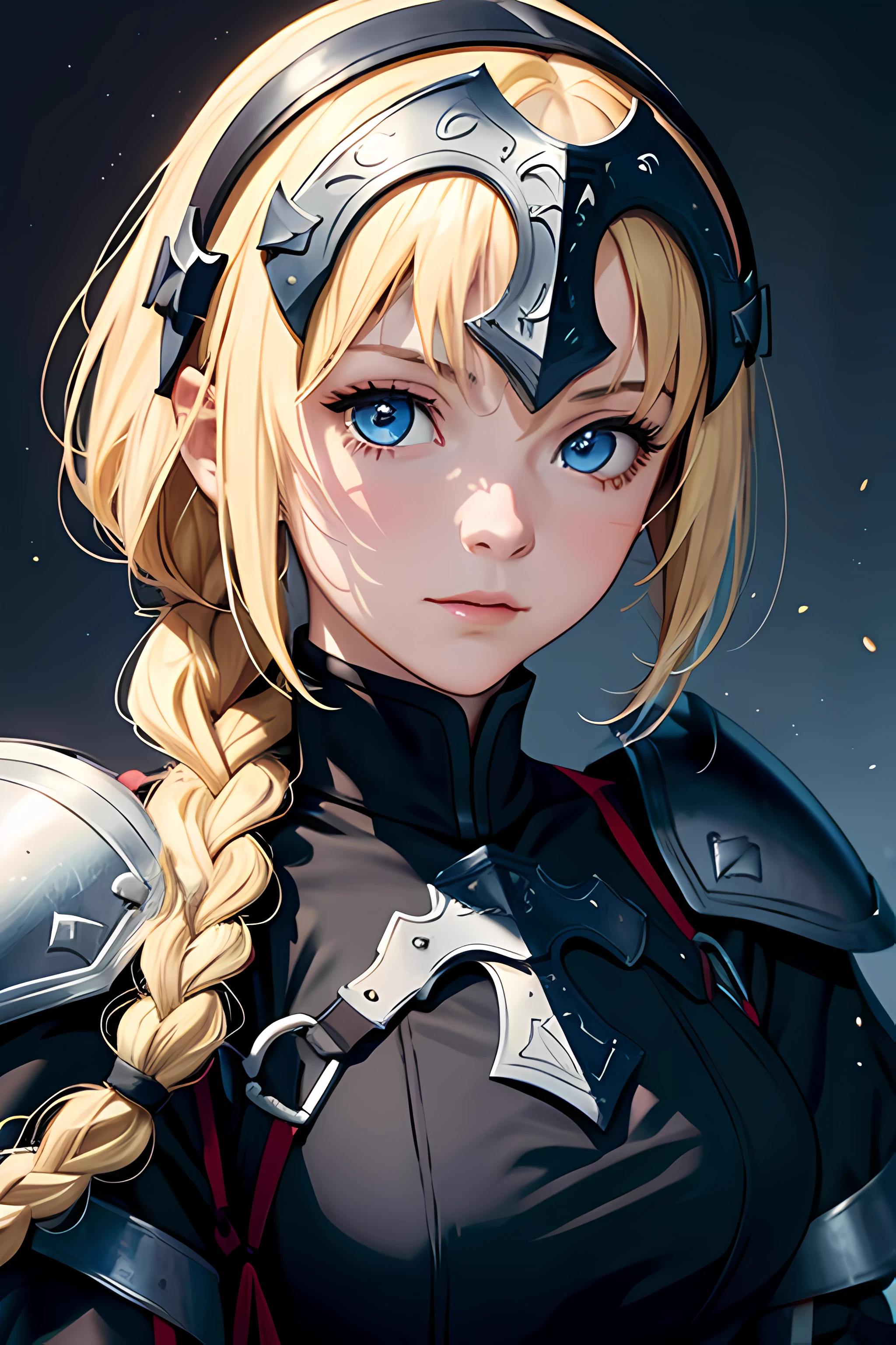 ((face portrait)), 1girl, solo, (masterpiece), best quality, expressive eyes, perfect face, jeannedarc, jeanne darc, blonde hair, blue eyes, long hair, armor, armored boots, armored dress, black gloves, black thighhighs, braid, dress, gauntlets, gloves, headpiece, blue dress, single braid, thighhighs, slight smile, character sheet, portrait, looking at the viewer