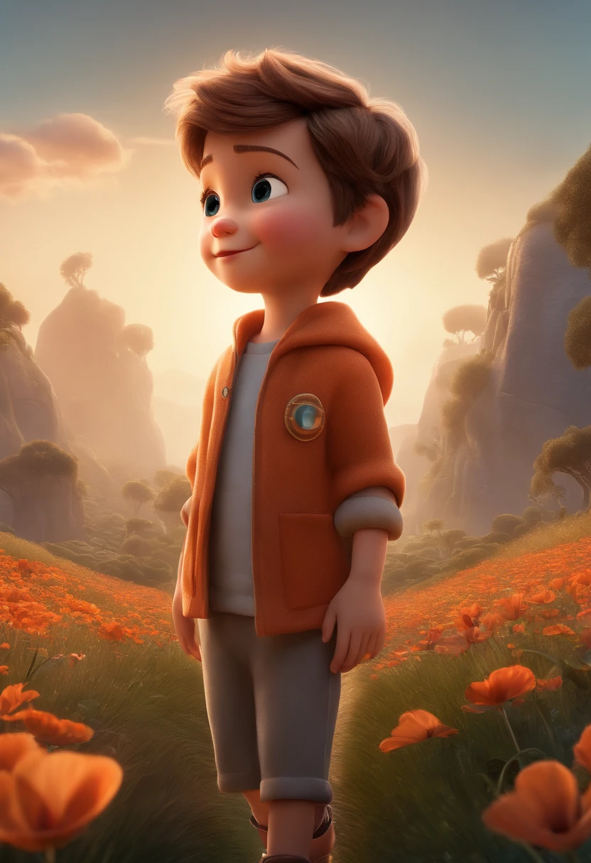 A cartoon boy stands in a field of flowers with a mountain in the  background - SeaArt AI