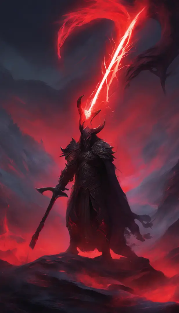 a big legendary black axe with Black light mixed with red,with black mist Black axe with broken red lines, background Hell demon holding axe black demon