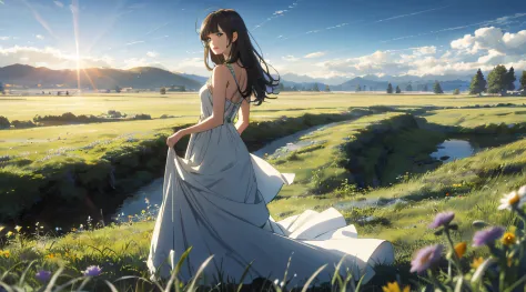The vast sky, beautiful skyline, large grasslands with flowers, extremely tense and dramatic pictures, moving visual effects, the high-hanging Polaris, and colorful natural light. 1girl, long brown hair, bangs, looking back at camera, soft smile, heterochr...