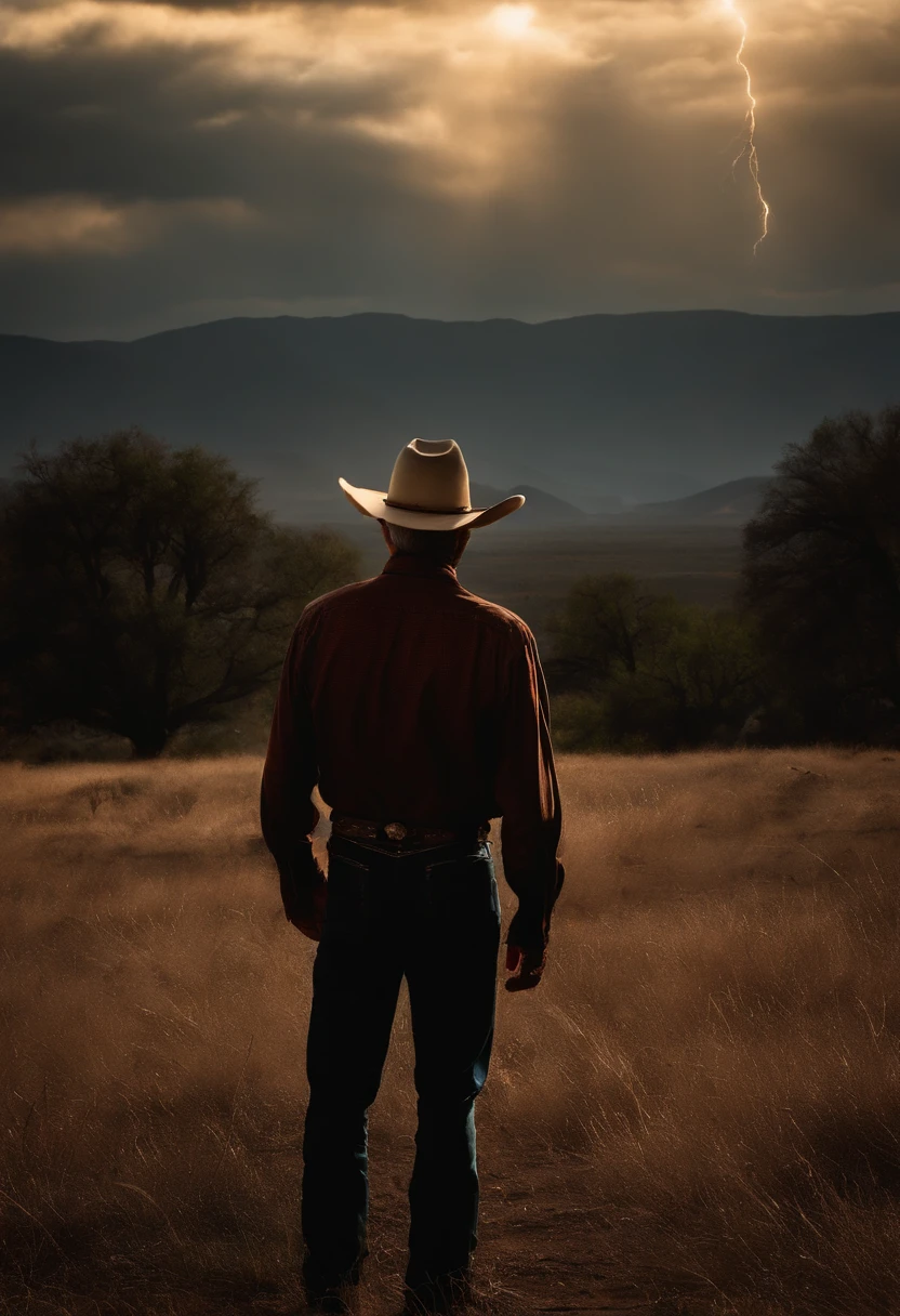 Arafed cowboy standing in a field with a lightning in the background