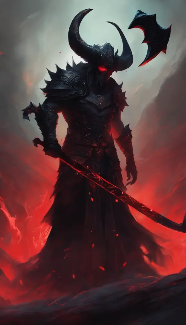 a big legendary black axe with Black light mixed with red,with black mist Black axe with broken red lines, background Hell demon holding axe black demon