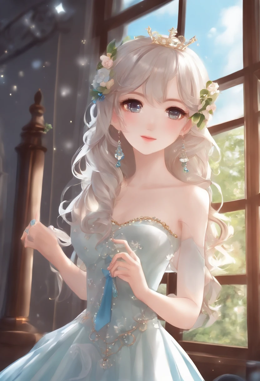 (Artwork), (amazing work), (indirect linear lighting), (Chibi-cute studios), (cute anime gif), (bonito bonito kawaii), (Extremely detailed CG 8k unity wallpaper), (1girl) wearing pretty dress, long blue hair with cute ruffled tiara, wearing silk luvas, Caucasian skin, green blue eyes, (kawaii bonito)