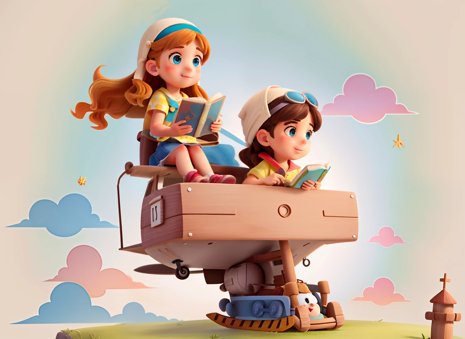 estilo Disney Pixar, Girl holding a compass, menina rindo e menino rindo aviador sentado em um livro. Plano de papel colado com fitas sentado em uma pilha de livros, illustration for children's book, cute storybook illustration, Airplane Base Books, Feliz, menina segurando livros, Girl sitting inside the plane.