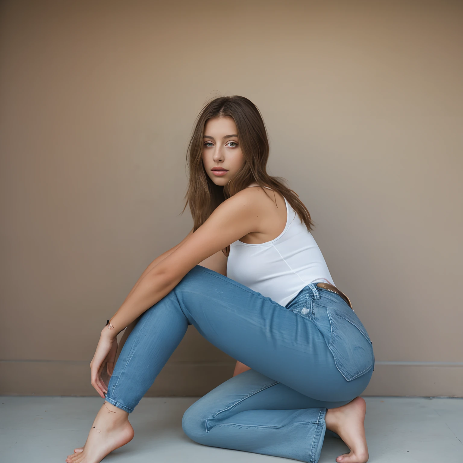 Arafed woman sitting on the floor in a white tank top and blue jeans -  SeaArt AI