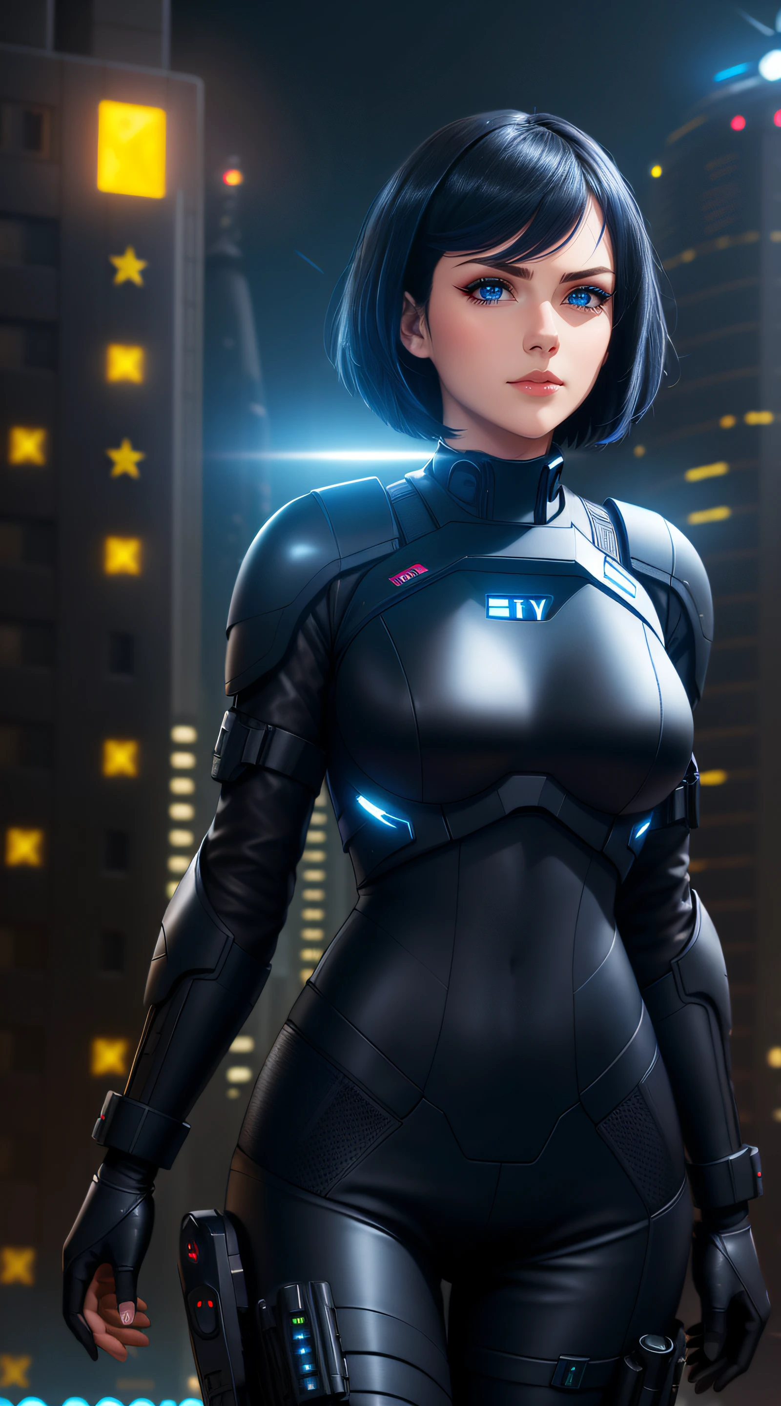 A woman in a futuristic suit standing in front of a city - SeaArt AI