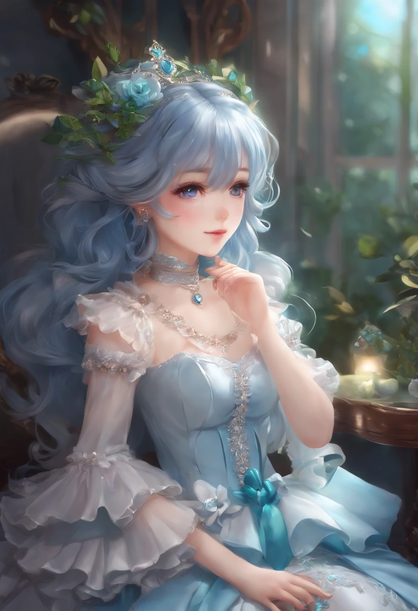 (The artwork), (Amazing work), (Indirect linear lighting), (Chibi Cute Studio), (Cute anime gifs), (Nice Pretty Kawaii), (Highly detailed wallpapers of CG 8k units), (1girl in) Wearing a beautiful dress, Cute ruffled tiara and long blue hair, Wear silk gloves, de pele branca, Green Blue Eyes, (Pretty cute)