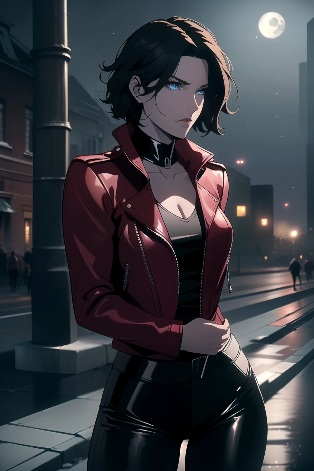 (Masterpiece, Best Quality), (A Gorgeous 25 Years Old British Female Vampire Mercenary), (Wavy Bobcut Black Hair:1.4), (Pale Skin:1.2), (Blue Eyes), (Serious Looking), (Wearing Red Leather Jacket, Black V-Neck Inner Shirt, and Black Tight Pants:1.6), (Busty Chest Size:1.4), (Dynamic Pose:1.4), (City Road at Night with Moonlight:1.6), Centered, (Waist-up Shot:1.4), From Front Shot, Insane Details, Intricate Face Detail, Intricate Hand Details, Cinematic Shot and Lighting, Realistic and Vibrant Colors, Masterpiece, Sharp Focus, Ultra Detailed, Taken with DSLR camera, Depth of Field, Incredibly Realistic Environment and Scene, Master Composition and Cinematography, castlevania style