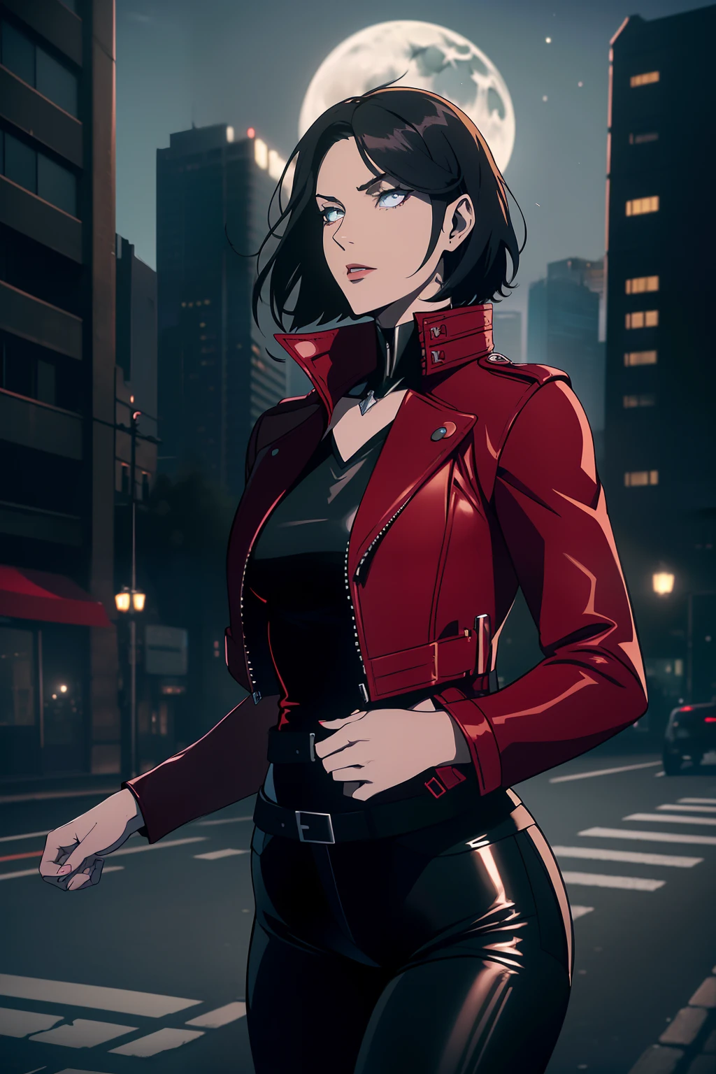 (Masterpiece, Best Quality), (A Gorgeous 25 Years Old British Female Vampire Mercenary), (Wavy Bobcut Black Hair:1.4), (Pale Skin:1.2), (Blue Eyes), (Serious Looking), (Wearing Red Leather Jacket, Black V-Neck Inner Shirt, and Black Tight Pants:1.6), (Busty Chest Size:1.4), (Dynamic Pose:1.4), (City Road at Night with Moonlight:1.6), Centered, (Waist-up Shot:1.4), From Front Shot, Insane Details, Intricate Face Detail, Intricate Hand Details, Cinematic Shot and Lighting, Realistic and Vibrant Colors, Masterpiece, Sharp Focus, Ultra Detailed, Taken with DSLR camera, Depth of Field, Incredibly Realistic Environment and Scene, Master Composition and Cinematography, castlevania style