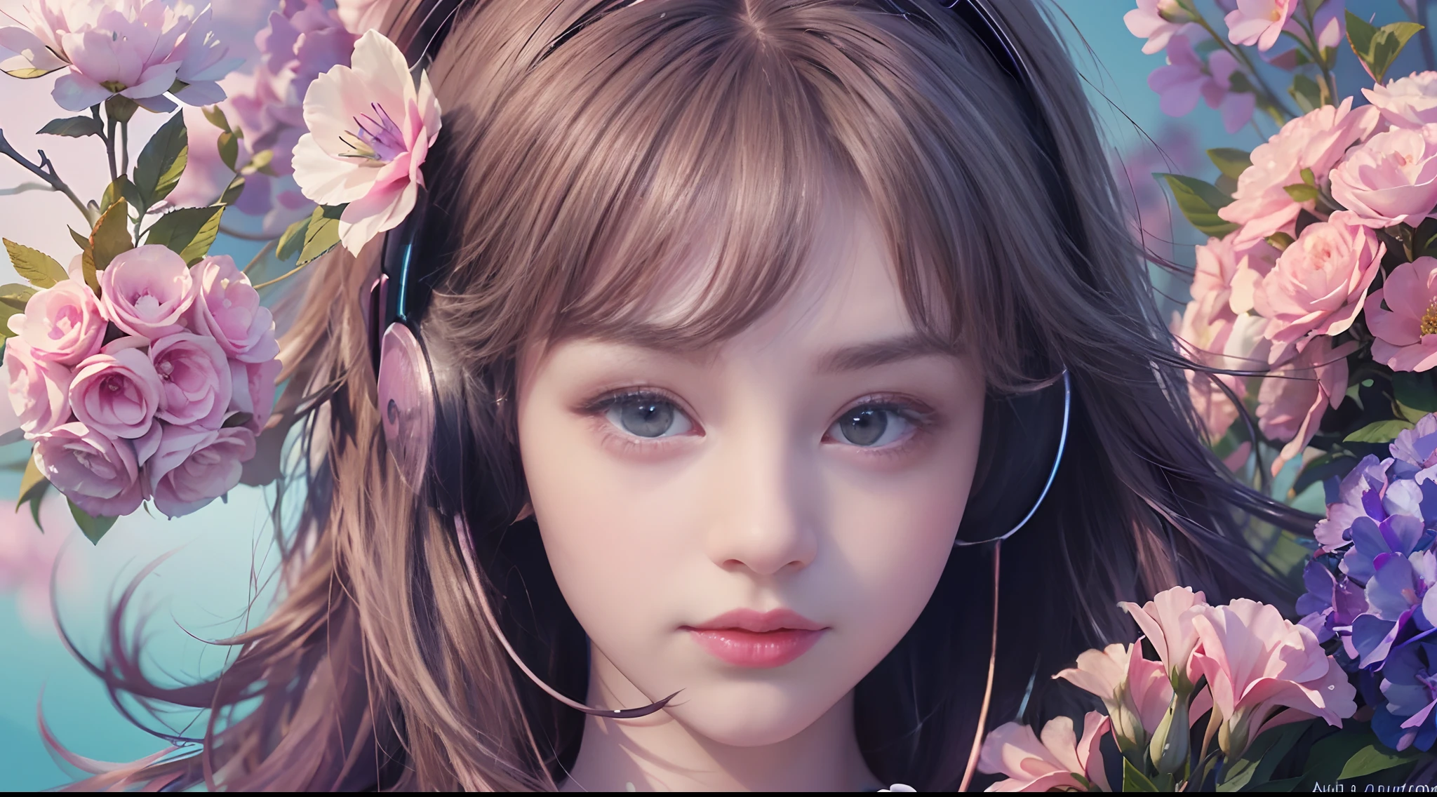 add_detail:2,1girl,detailed face,princess,taoist),flower, Lisianthus ,in the style of light pink and light azure, dreamy and romantic compositions, pale pink, ethereal foliage, playful arrangements,fantasy, high contrast, ink strokes, explosions, over exposure, purple and red tone impression , wearing headset, listening music