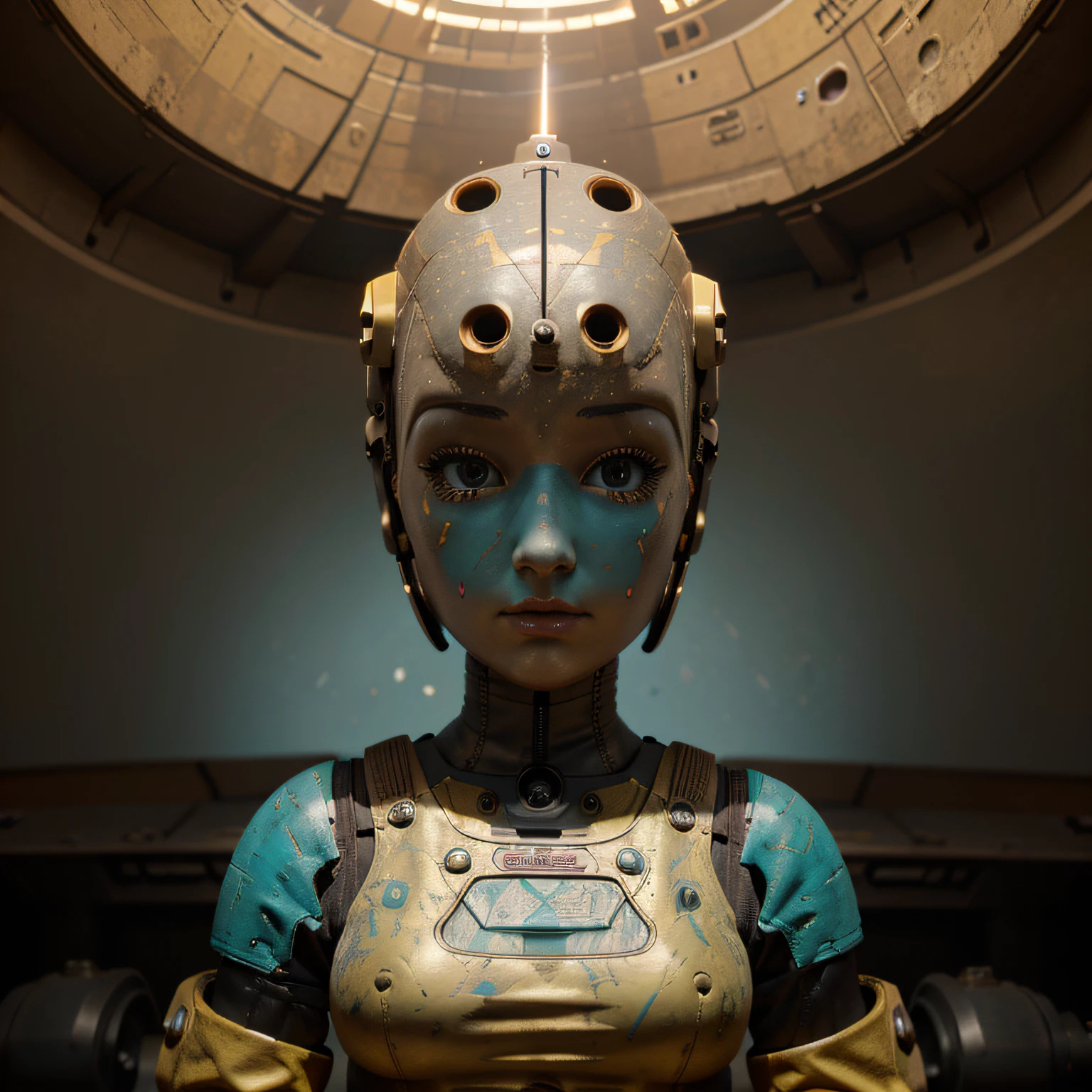 A toon Girl The Rocketeer Engine Robot, tongs in hands, Tv head, pinhead, Yellow Pink Cyan Rusty, Ambient in a meteorite crater super detailed, center, beautiful, soft lighting, focused on the character, 4K resolution, photorealistic rendering,