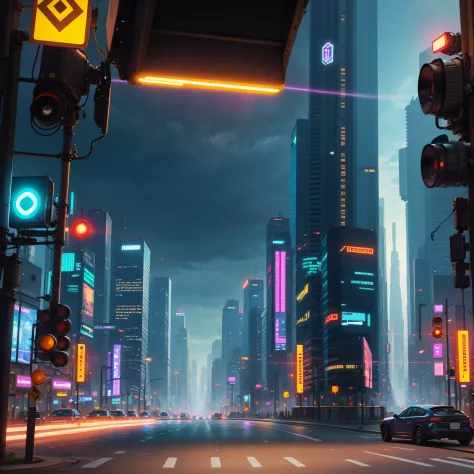 cyberpunk city, camera in the middle of the road pointing to the end of the road