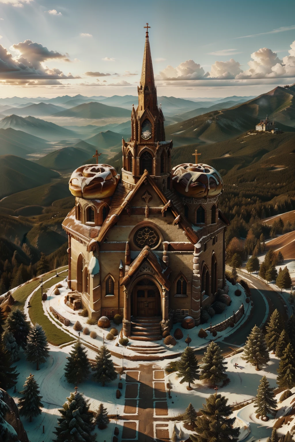 Igreja CinnamonBunStyle no topo da montanha, no céu, tendências no ArtStation, (Obra de arte:1.3) (melhor qualidade:1.2) (alta qualidade:1.1)