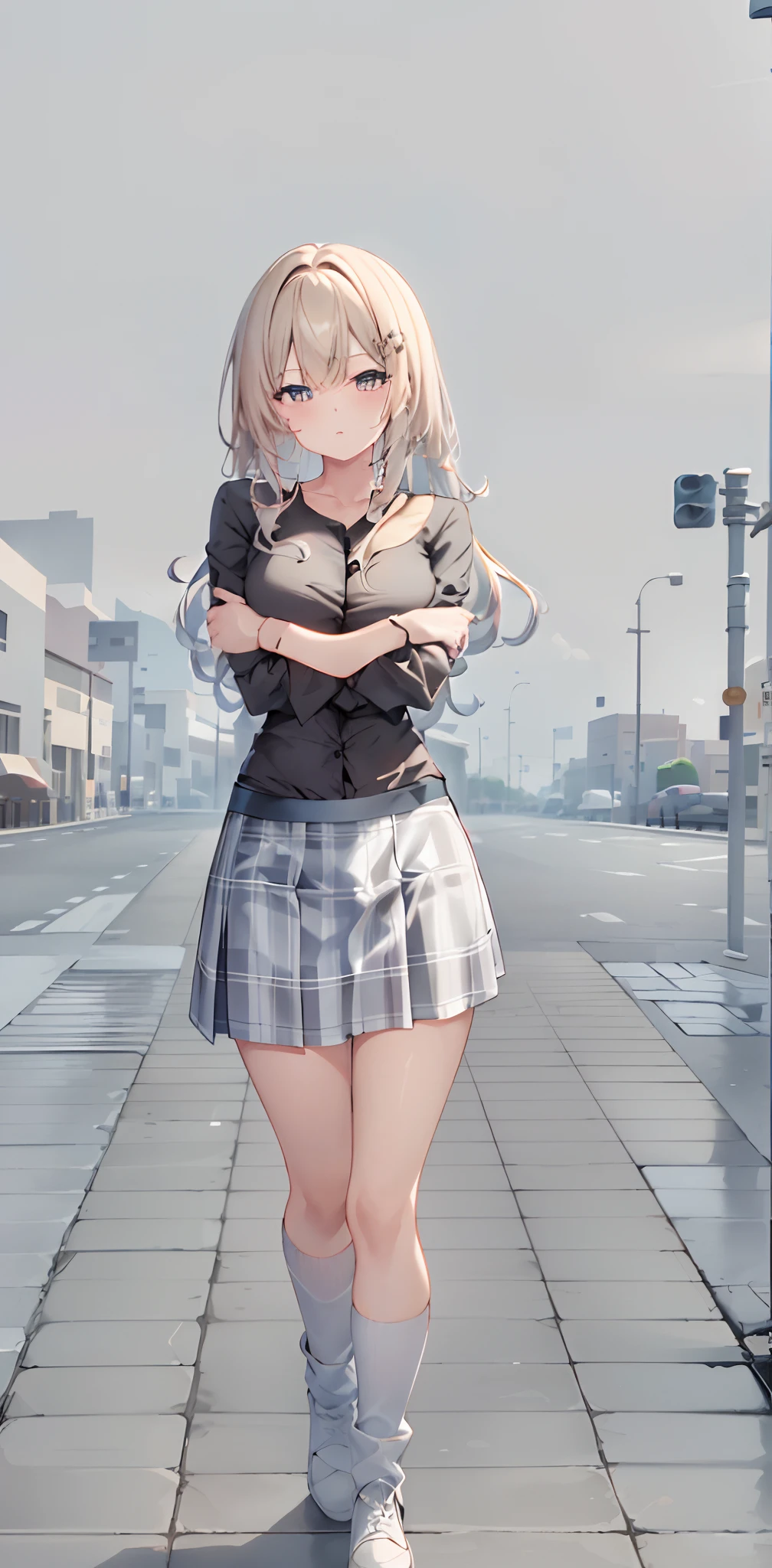 Anime girl in a skirt and boots standing on a sidewalk - SeaArt AI