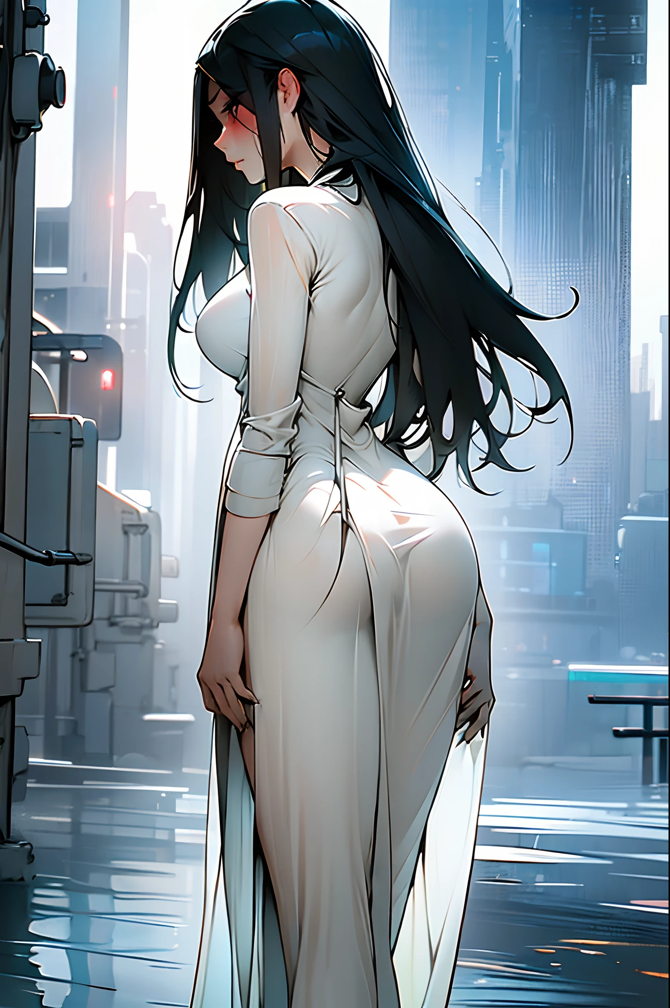 Sadako, soaking wet, wet gown, grey skin, hair covering face, showing ass, rear view of ass, ass through dress, see through dress.