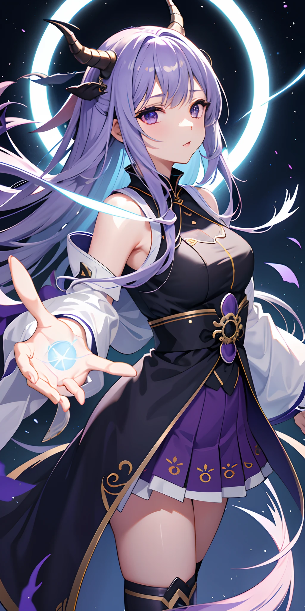 1girl, Japanese clothing, pony-tail ,white  hair, Purple eyes, Magical Circle, fire blue, Blue flames, wall-paper, Landscape, bloodstains, respingos de bloodstains, Depth of field, natta, light particles, lightrays, side-lighting, thicc thighs, Destiny \(Series\), Demon slayer, ****, open jacket, overskirt, thicc thighs, Cloud