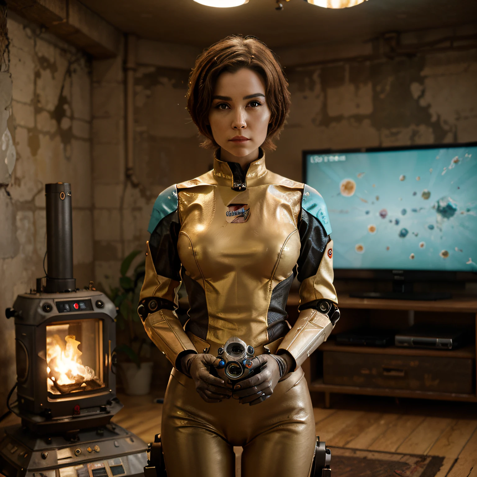 A toon Girl The Rocketeer Engine Robot, tongs in hands, Tv head, pinhead, Yellow Pink Cyan Rusty, Ambient in a meteorite crater super detailed, center, beautiful, soft lighting, focused on the character, 4K resolution, photorealistic rendering,