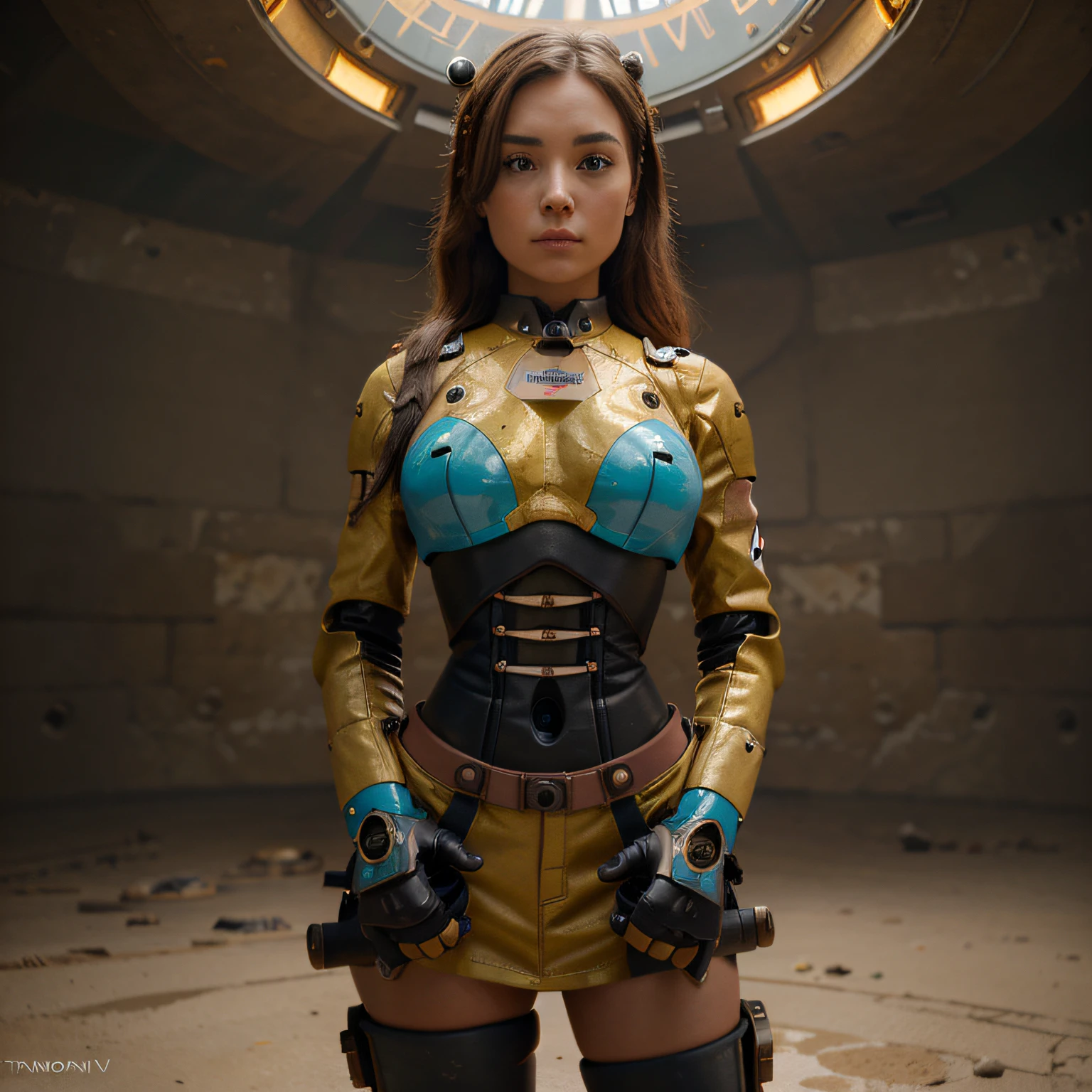 A toon Girl The Rocketeer Engine Robot, tongs in hands, Tv head, pinhead, Yellow Pink Cyan Rusty, Ambient in a meteorite crater super detailed, center, beautiful, soft lighting, focused on the character, 4K resolution, photorealistic rendering,