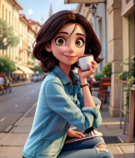 Beautiful Brazilian woman sitting and drinking coffee outside on the side of the street in a small café, beautiful face, Short black hair down to the nape of her neck with brown eyes and heavy eyeshadow, Wearing jeans and a black polo shirt, grande estilo ...