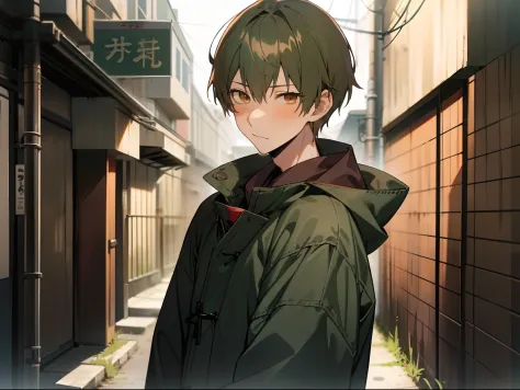 masutepiece, Best Quality, High quality, 1boy, Solo,Forcibly withdraw, Male Focus,yandere, Looking at Viewer, upper body ,Brown eyes, dark green hair, parka,background is back alley,