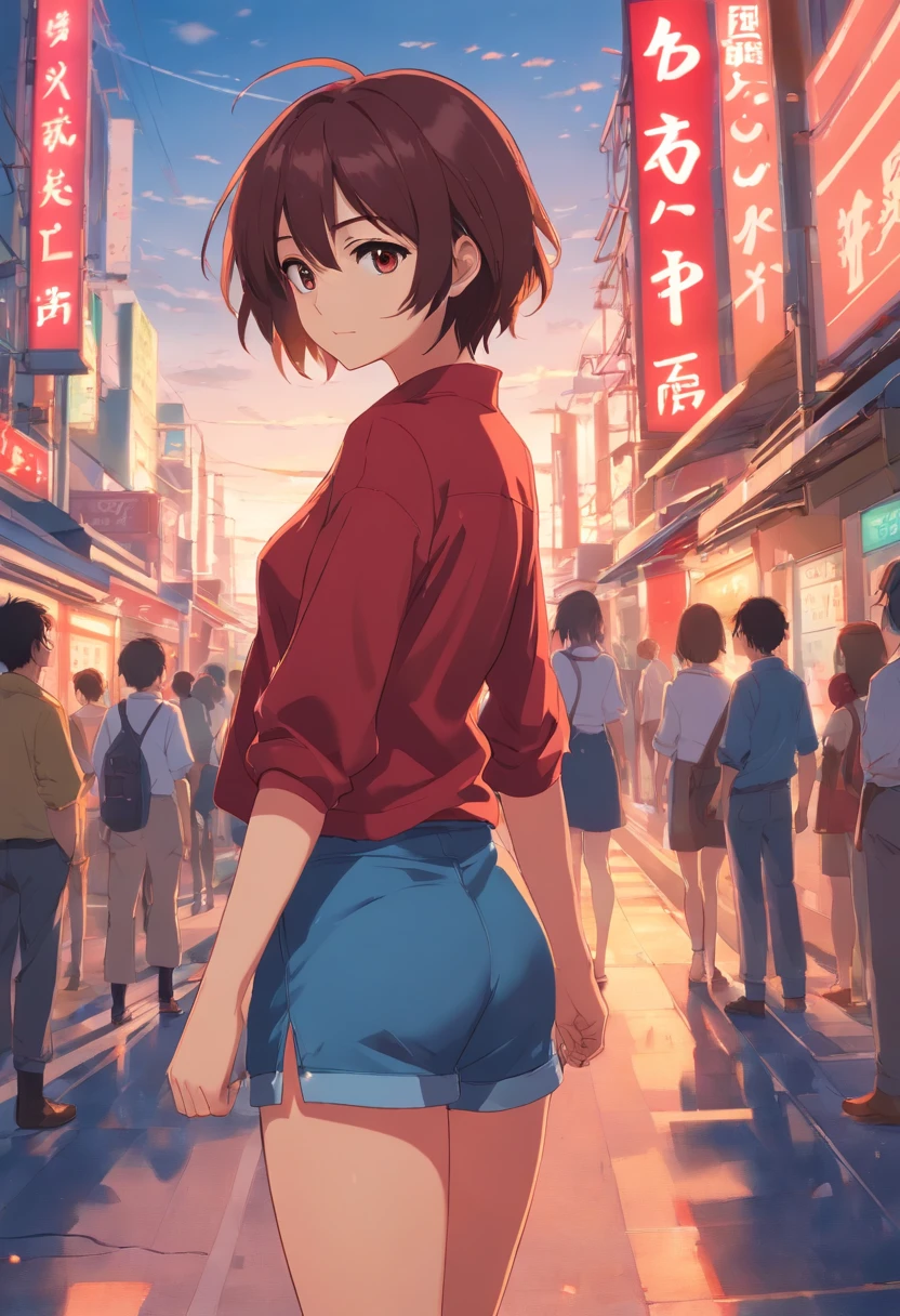 A woman in a short skirt walking down a street in a city - SeaArt AI