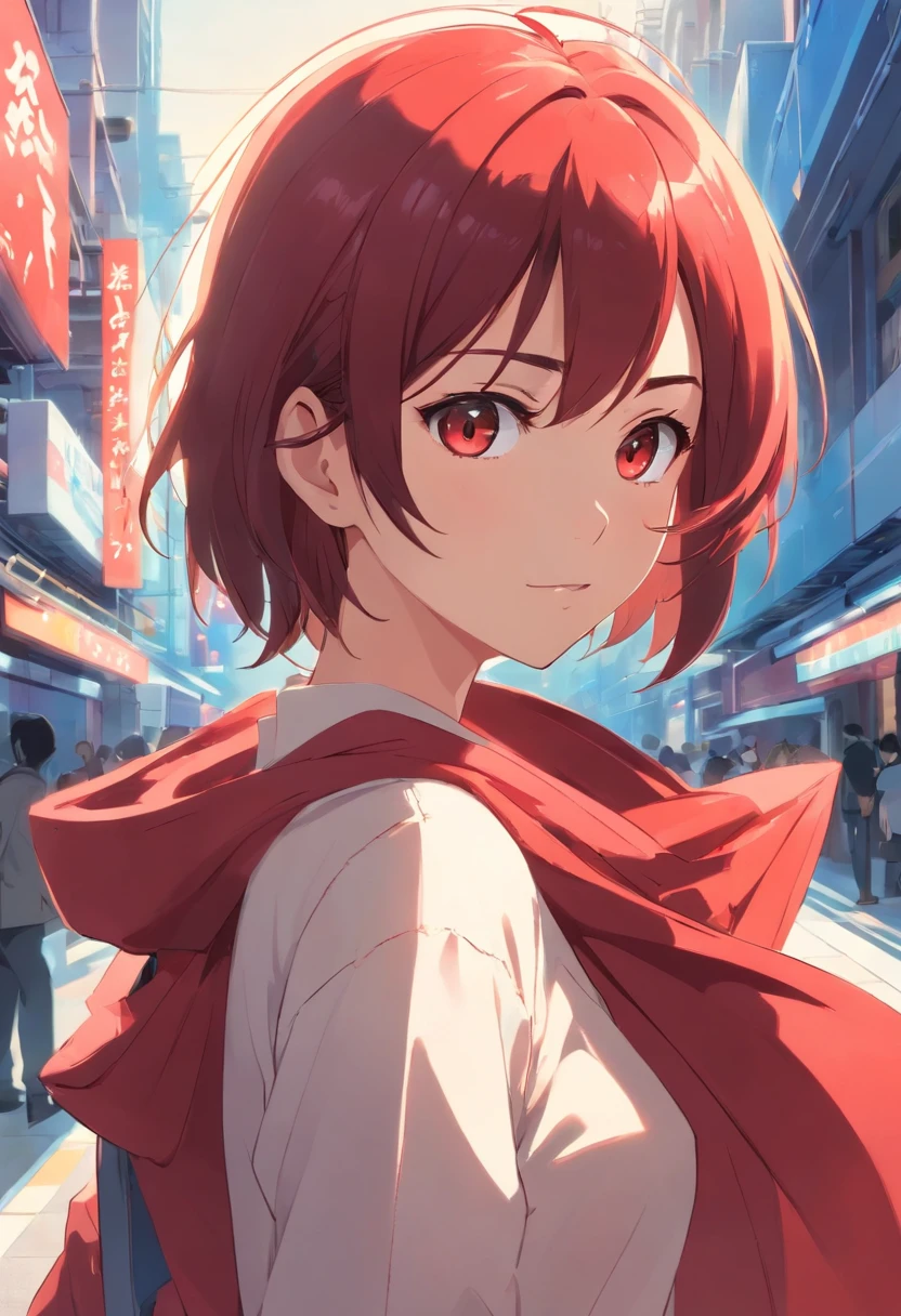 Anime girl with red hair and red cape standing in a city - SeaArt AI