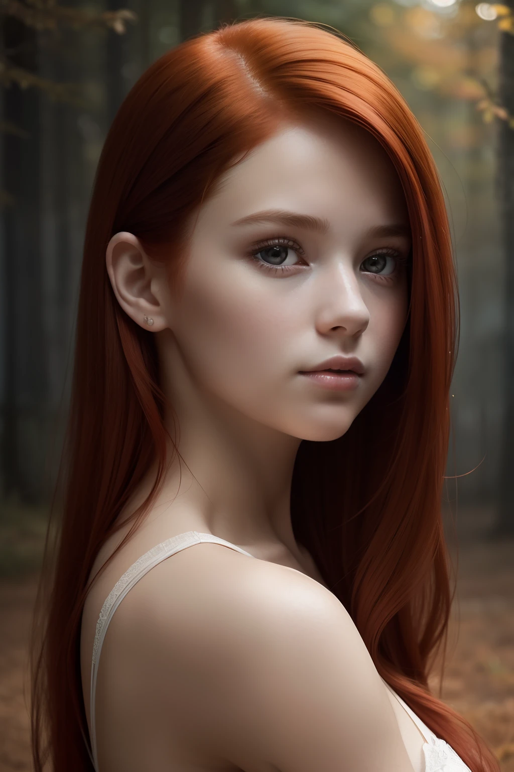 young girl,  redhead,  cinematic, The portrait showcases a young (redhead girl:1.6) with a shy and innocent demeanor,  blueish eyes,  sensual slim face,    big lips,  naked,  BIG  and shorts,  Her hair is styled sleek and straight,  elegantly framing her face with  adorable long hairl .Her face is illuminated by gentle lighting,  highlighting her delicate features. The girl's eyes sparkle with a hint of curiosity and her lips form a subtle,  shy smile. The background consists of a ourtoor nature autum scenery muted and warm-toned setting,  providing a calm and serene atmosphere. The composition focuses on the girl's face,  capturing the intricate details of her flawless skin,  The overall image exudes a sense of tranquility and captures the innocence and gentleness of youth, redhair, redhead,