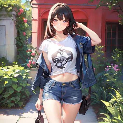 (((rose garden,Red T-shirt,Hide underwear,denim hot-pants))),((独奏,stroll)),((masutepiece,Full body,Wide background,Far angle)),B...