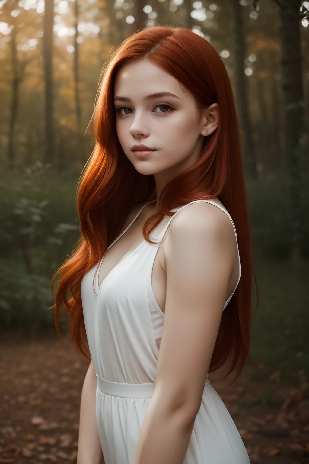 young girl,  redhead,  cinematic, The portrait showcases a young (redhead girl:1.6) with a shy and innocent demeanor,  blueish eyes,  sensual slim face,    big lips,  naked,  BIG  and shorts,  Her hair is styled sleek and straight,  elegantly framing her face with  adorable long hairl .Her face is illuminated by gentle lighting,  highlighting her delicate features. The girl's eyes sparkle with a hint of curiosity and her lips form a subtle,  shy smile. The background consists of a ourtoor nature autum scenery muted and warm-toned setting,  providing a calm and serene atmosphere. The composition focuses on the girl's face,  capturing the intricate details of her flawless skin,  The overall image exudes a sense of tranquility and captures the innocence and gentleness of youth, redhair, redhead,