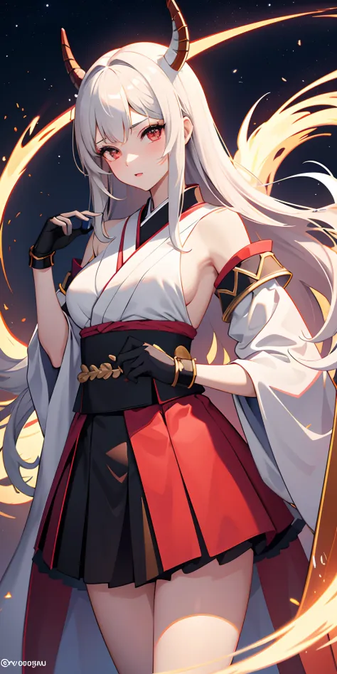 1 girl, com roupa japonesa, rabo-de-cavalo, olhos brilhante vermelhos, With a red sword in his hand, com uma lua no fundo, saia curta mostrando as coxas