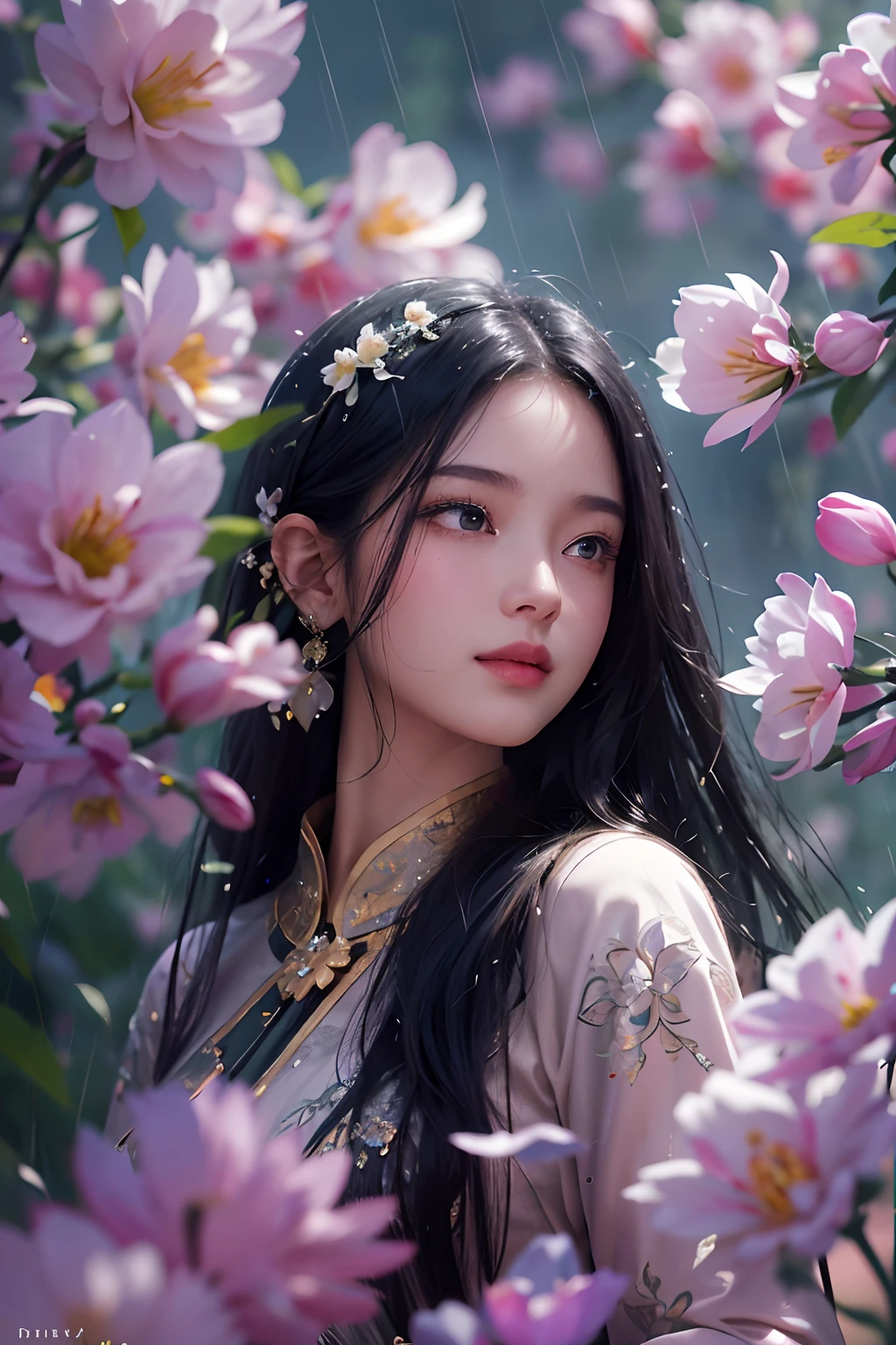 18 yo asian girl, long black hair, beautiful face, detailed eyes and lips, ao dai, standing elegantly, delicate gestures, in a lush garden with blooming flowers, rain gently falling, surrounded by mist, creating a dream-like atmosphere, creating a masterpiece, with intricate details capturing every nuance, showcasing perfect anatomy, vibrant colors illuminating the scene, ethereal lighting accentuating the girl's features, evoking a sense of joyfulness, tranquility and serenity, a ligh smile on her face.  Highly intelligent being she is.