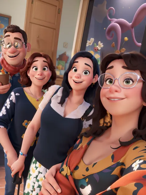 Obra-prima ao estilo Disney/Pixar in high quality and high resolution. A mulher ao fundo tem cabelo vermelho. Ao fundo, cartazes de sala de cinema