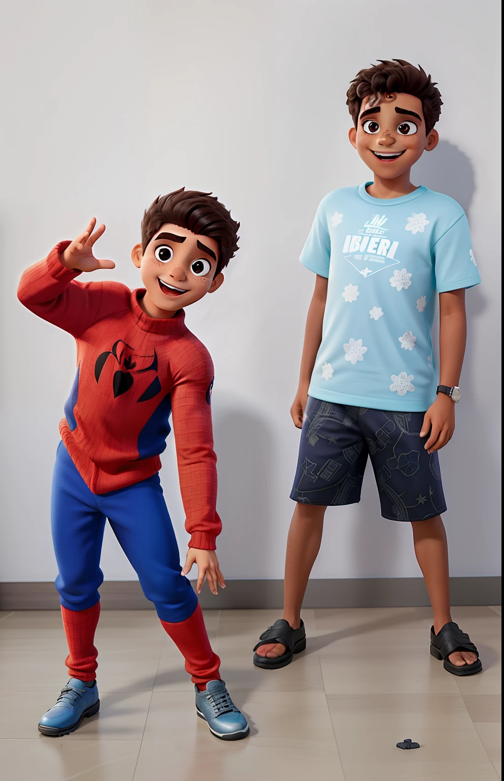 Two young boys in spider - man costumes stand next to each other - SeaArt AI