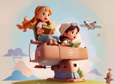 girl in pants heans, open-mouthed boy piloting paper airplane, aviao com base de livros, estilo pixar, girl holding a compass, m...