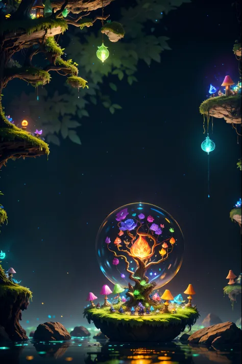 Fantasy in a lot of glass, Illuminate the night,"ethereal roses, Cute slime, Tiere, glowing little mushrooms surrounded by delicate leaves and branches, and fireflies and glowing particle effects", (Natural elements), (Jungle theme), (Leaves), (Branches), ...