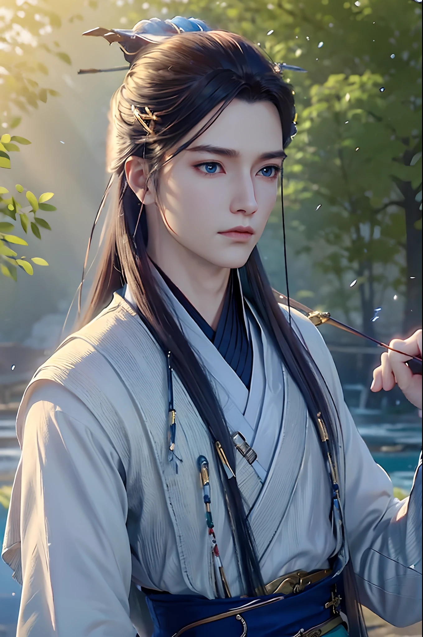 1boys, 独奏，long whitr hair, Blue eyes, Chinese clothes，Hanfu，mont，waterfallr，florals，The tree，florals，cowboy lens